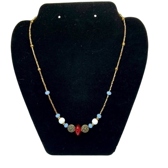 Handmade Necklace Red/White/Blue/Antique Gold Handmade Tone Glass/Metal NWT - Picture 1 of 3